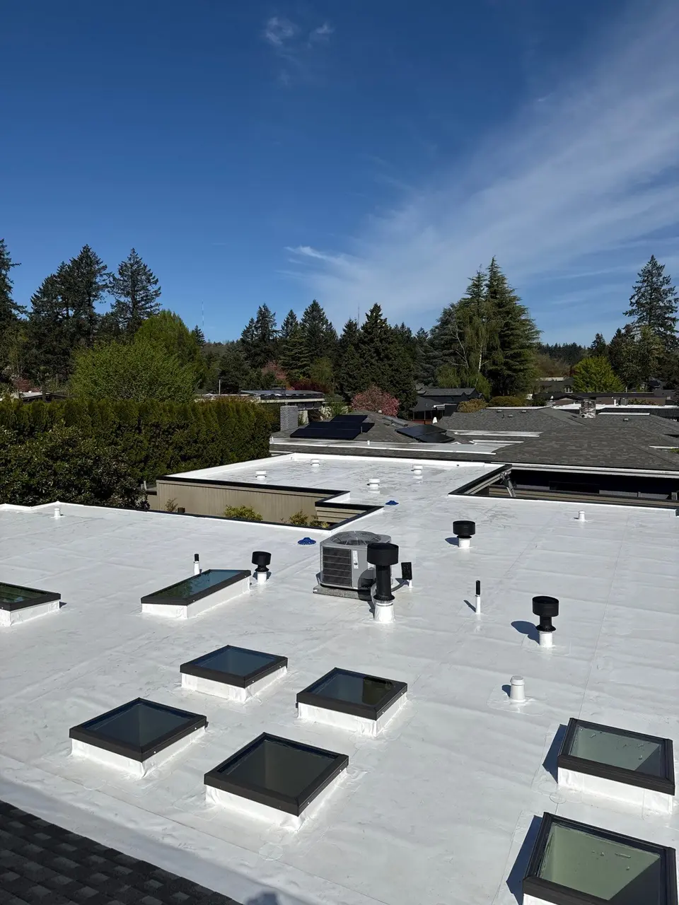 Completed white low-slope roof with skylights and rooftop equipment