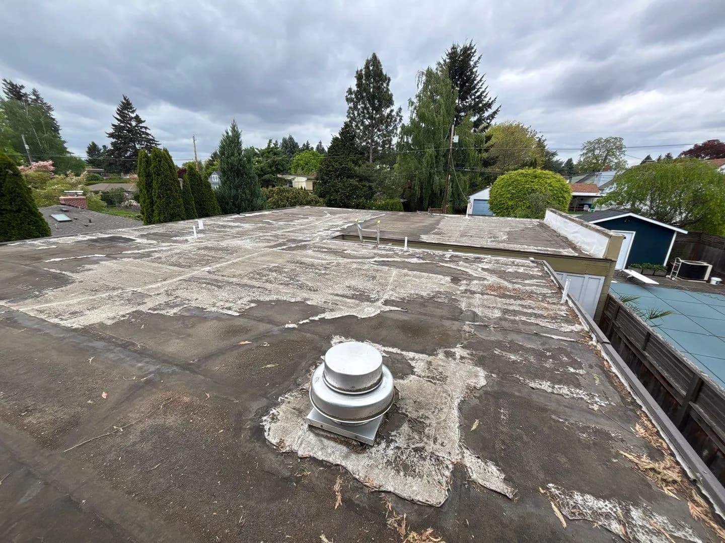 Weathered commercial flat roof membrane with a faded, chalky surface